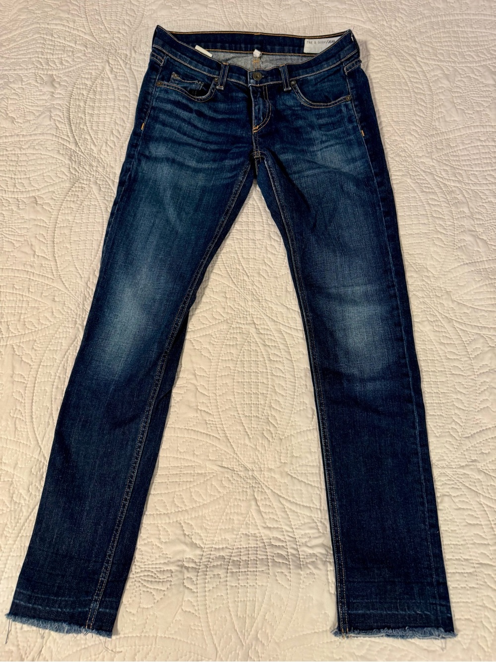 rag & bone Dark Indigo Denim Jeans with Gold Stitching